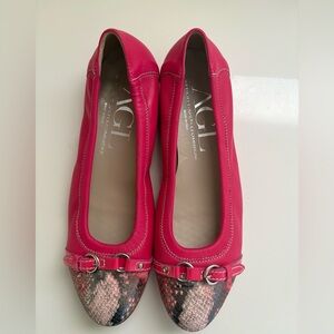 AGL Attilio Giusti Leombruni Monika Pink Leather snakeskin cap toe ballet flats.